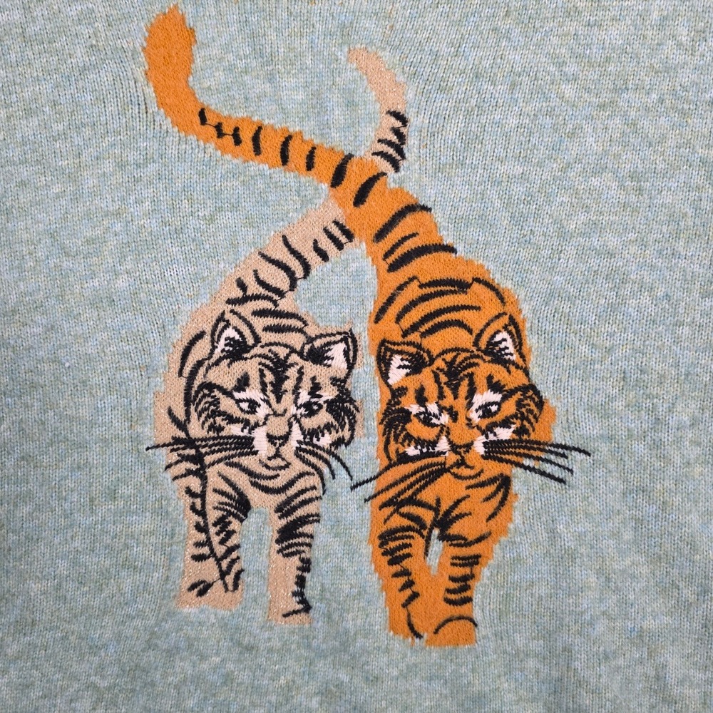 Oliver Bonas Tiger Intarsia Sweater Size 12 Green Marled Knit Relaxed Pullover
